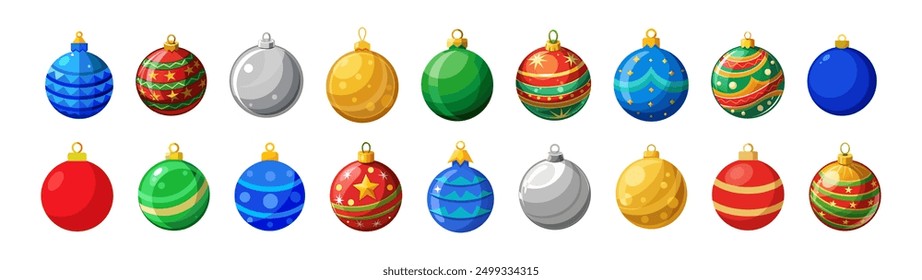 Various colorful Christmas ornaments with different designs and patterns arranged in a row. Isolated on white background, Concept of holiday decorations, festive season, ornament collection. Set