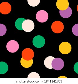 Various colorful circles, confetti. Great for fabrics, baby clothing, wrapping paper, covers. Hand drawn Vector illustration. Celebration concept. Square seamless Pattern. Dark background, wallpaper