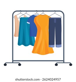Various colorful clothes hanging on a rolling metal rack, perfect for showcasing fashion and retail concepts