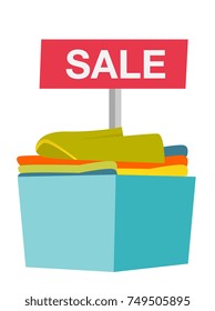 Various colorful clothes on the table on sale in the clothing store vector cartoon illustration isolated on white background.