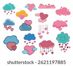 Various colorful clouds and hearts are arranged in a grid. There are clouds in shades of blue, pink, and teal, some with hearts, while others feature smiling faces or heart shapes. Several designs