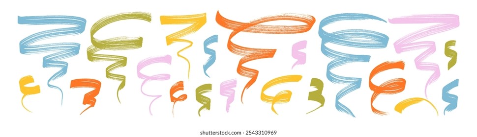 Various colorful confetti ribbons. Hand drawn curly bold brush strokes. Vector thick confetti squiggles, curly bold lines. Vector graphic wavy strokes for party illustration, surprise, celebrate.