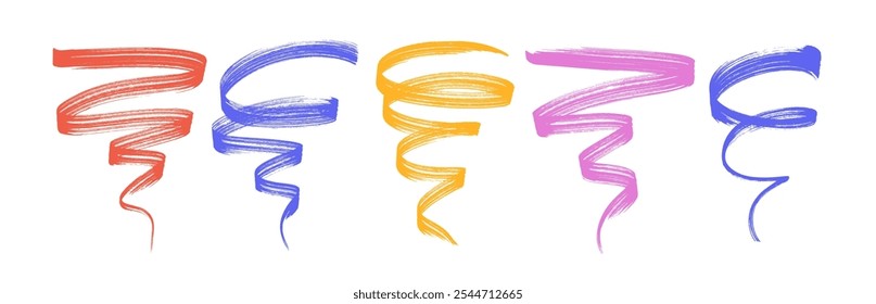 Various colorful confetti ribbons. Hand drawn curly bold brush strokes. Vector thick confetti squiggles, curly bold lines. Vector graphic wavy strokes for party illustration, surprise, celebrate.