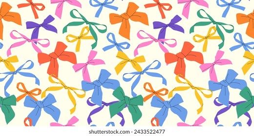 Various colorful contemporary bow knots. Hand-drawn trendy vector illustration. Ribbon. Simple and childish with a bow pattern. Playful and whimsical design. Trendy hair braiding accessory.