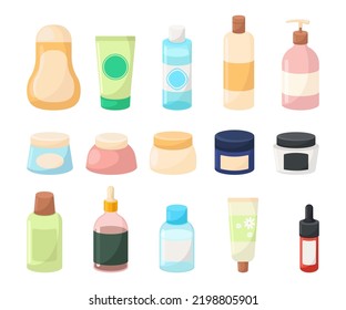 Various colorful cosmetic jars cartoon illustration set. Tubes of face cream, shampoo bottle, lotion pump bottle, facial serum and oil. Cosmetics, skincare products, hygiene concept