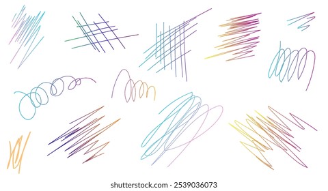 Various colorful doodles and scribbles displayed on a clean white background, showcasing creative designs and artistic expression. Vector illustration