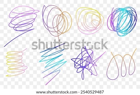 Various colorful doodles and scribbles displayed on a clean white background, showcasing creative designs and artistic expression