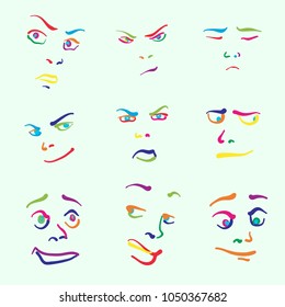 Various colorful drawn faces. Hand-drawn vector icons for digital marketing and printed wall art.