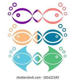 Various colorful fish icons with bubbles on white