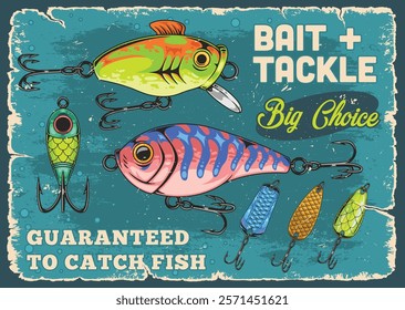 Various colorful fishing lures are displayed against a textured blue background. Each lure is designed to attract different fish species ensuring successful fishing experiences.