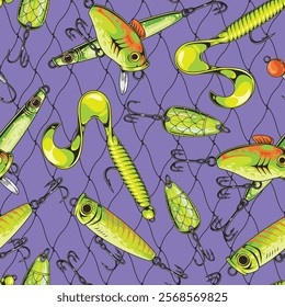 Various colorful fishing lures are spread across a purple background. The lures feature different designs and colors showcasing their hooks and details creating an engaging display.