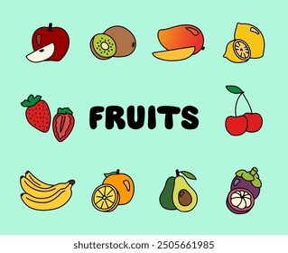 Conjunto de varios iconos de Vector de frutas coloridos con contorno negro