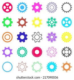 Various colorful gear wheel collection on white background