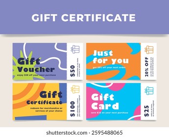 Various colorful gift certificates showcasing discount offers and redemption details for merchandise and services