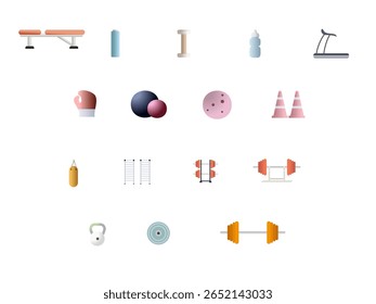 Vários ícones coloridos do equipamento de ginástica são dispostos em um fundo branco, representando diversas opções de treinamento para os entusiastas da aptidão que buscam um estilo de vida saudável