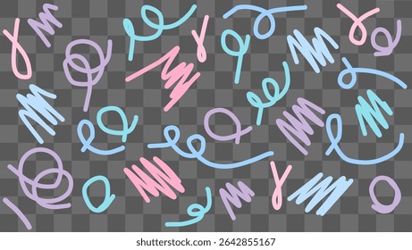 Various colorful hand-drawn doodles and sketches are scattered across a transparent background. The artwork features abstract lines and shapes in soft pastel hues