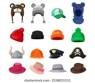 Various colorful hats and headgear on white background. Vector illustration