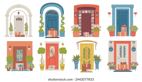 Various colorful home entrance doors vector flat illustrations set. House porch with arch, flower pots and lanterns isolated on white. Cardboard boxes and post packages near the door, delivery orders