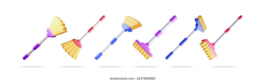 Várias vassouras domésticas coloridas em estilo vibrante de desenho animado 3d. Coleção de ferramentas de limpeza para manutenção doméstica e conceito de higiene.