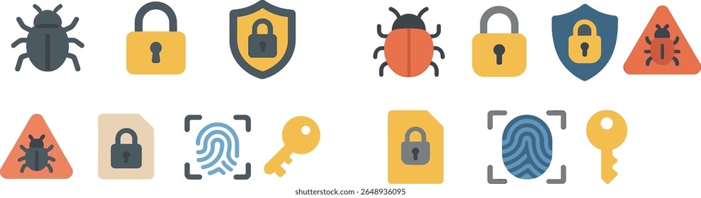 Various colorful icons illustrate themes of cybersecurity, featuring bugs, locks, keys, and fingerprints. These symbols represent protection and digital security measures.