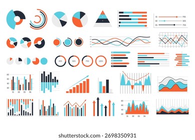 Diversos elementos infográficos coloridos que incluyen gráficos circulares, gráficos de barras y gráficos de líneas en estilo plano sobre fondo blanco. Concepto de visualización de datos. Ilustración vectorial