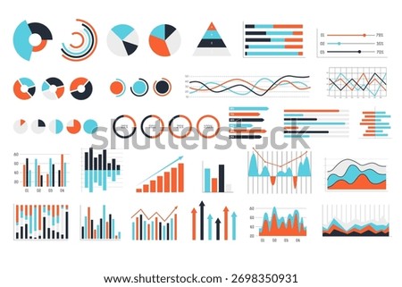 Various colorful infographic elements including pie charts, bar graphs, and line charts in flat style on white background. Concept of data visualization. Vector illustration