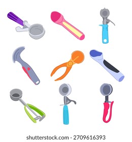 Varios utensilios de cocina coloridos diseñados para recoger y servir helados, postres y dulces, ilustrando utensilios de cocina y conceptos culinarios sobre un fondo blanco limpio