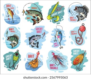 Various colorful labels showcasing fishing lures and tackle options. Each label features unique artwork with captions highlighting great bait choices for anglers.