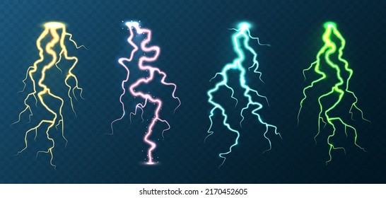 Colección de varios rayos de colores sobre fondo azul. Tormenta eléctrica y rayo. Brotes de luz. Efecto meteorológico tormentoso. Ilustración del vector