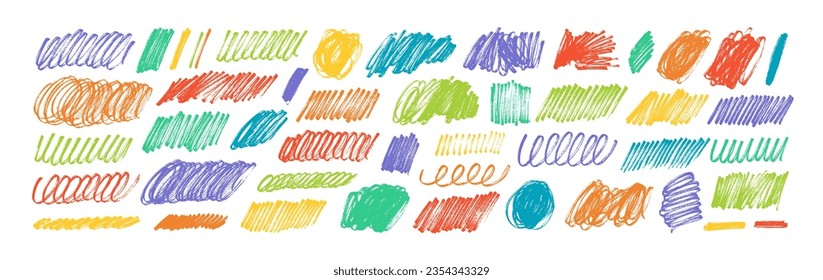 Various colorful marker scribbles and curly lines. Vector charcoal thin lines and childish crayon drawing. Doodle shapes and marker smears. Grunge crayon texture, crosshatches, vector pencil squiggles