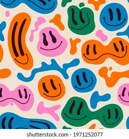 Various colorful melting smiling Faces. Lava lamp, water drops, drug trip style. Retro vintage color palette. Hand drawn abstract Vector seamless Pattern. Background, wrapping paper