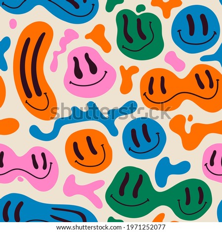 Various colorful melting smiling Faces. Lava lamp, water drops, drug trip style. Retro vintage color palette. Hand drawn abstract Vector seamless Pattern. Background, wrapping paper