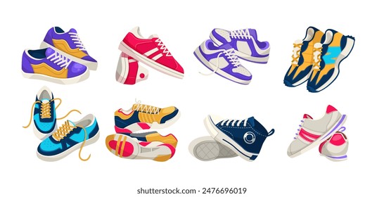 Various colorful pairs of sneakers on a white background. Concept of footwear fashion. Vector illustration