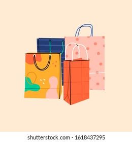 Various Colorful paper Shopping or gift bags. Sacks for purchases. Hand drawn vector illustration. Shopping, sale concept