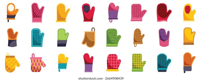 Various colorful and patterned oven mitts provide protection from heat while handling hot cookware in the kitchen