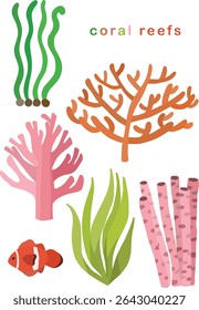 Various colorful pink orange coral reefs and clownfish transparent background editable vector design illustration