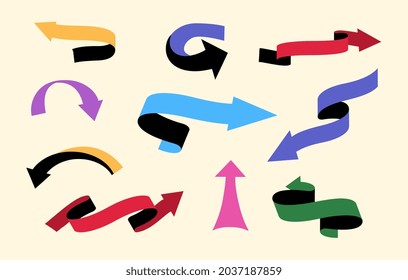Various colorful playful arrow. Graphic elements for website, back. Internet navigation, mark on picture. Button set, collection of lines. Flat vector illustration isolated on beige background