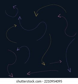 Various colorful playful arrow. Infographic elements isolated on background. Grunge texture. Dynamic arrow signs. Vector illustration