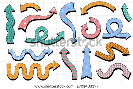 Various colorful playful arrow pointers set. Playful arrows with abstract patterns in retro design.