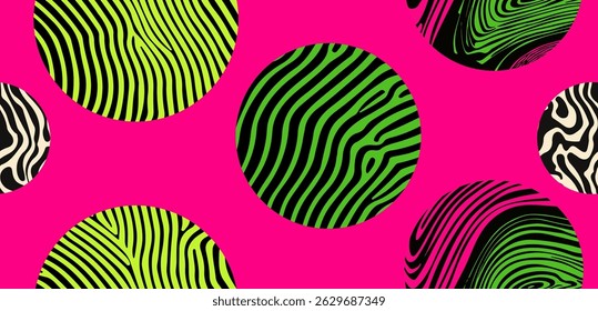 Various colorful psychedelic circles on a pink background, each filled with wavy, abstract, neon patterns in the modern trending trippy and neo-psychedelic style.