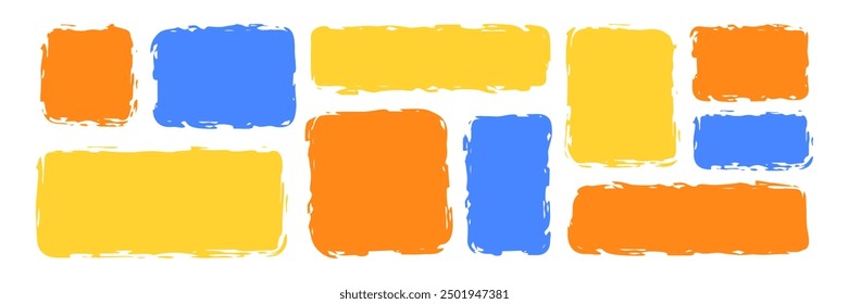 Diverso conjunto de cuadro de texto de rectángulo de colores. Marco de cartel de cita de pintura Doodle. Elemento divertido para el diseño de la escuela de jardín de infantes. Ilustración vectorial