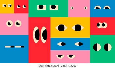 Various colorful rectangles with Eyes. Geometric figures with face emotions. Different shapes. Hand drawn trendy Vector illustration. Cute funny characters