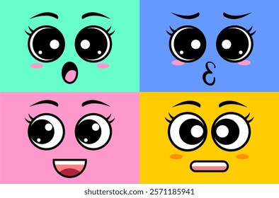Various colorful rectangles with Eyes. Geometric figures with face emotions. Different shapes. Hand drawn trendy Vector illustration. Cute funny