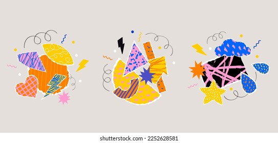  Various colorful shapes and doodle objects, geometric figures. Abstract contemporary modern trendy illustration. Hand drawn Vector set. Poster, logo, print templates