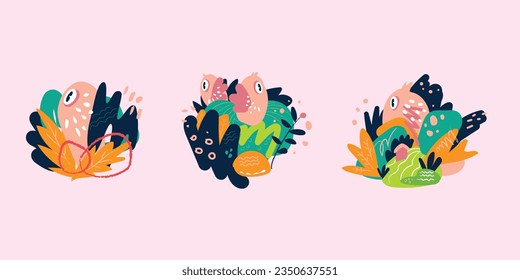 
Various colorful shapes and doodle objects, cute fun geometric figures. Abstract contemporary modern trendy illustration of bird. Hand drawn Vector set. Poster, logo, print templates
