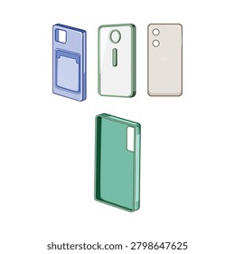 Various colorful smartphone back protective shells and protective accessories displaying different camera and button cutouts, illustrating modern digital device protection and personalization