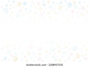 Various colorful snowflakes on white background with blank space.