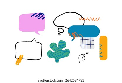 A various colorful speech bubbles, abstract shapes, scribble and different shapes. A dynamic communicative composition, a symbol of interaction.