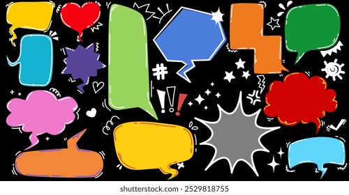 Various colorful speech bubbles and cartoon style text boxes. Each bubble has a different shape and size. The background is black. with playful icons scattered around.