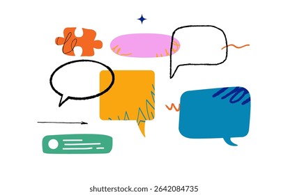 Various colorful speech bubbles in different shapes, an abstract puzzle piece, doodles, and a green text box with lines. A dynamic and communicative composition.